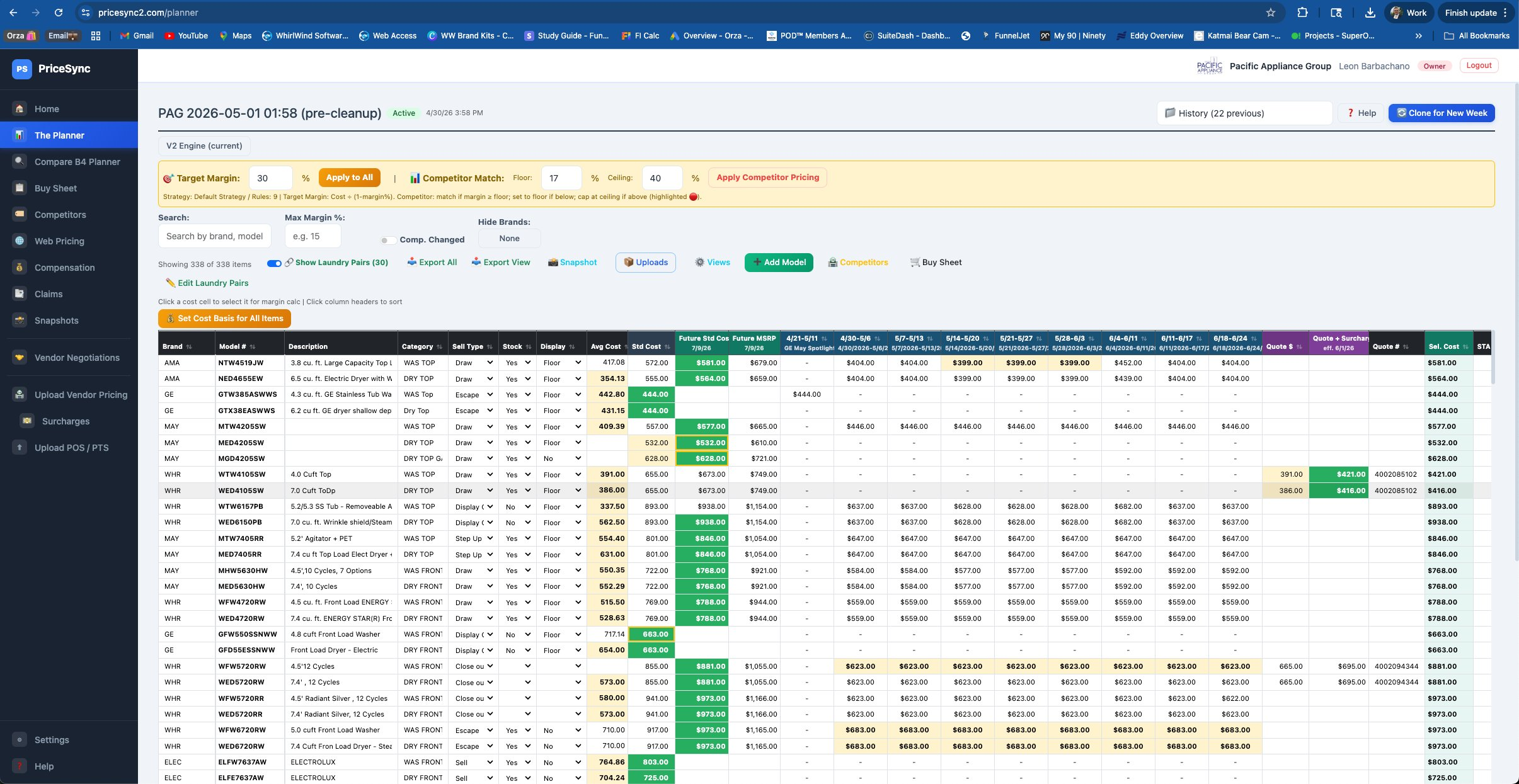 The Planner showing Future Std Cost and Future MSRP columns next to Std Cost