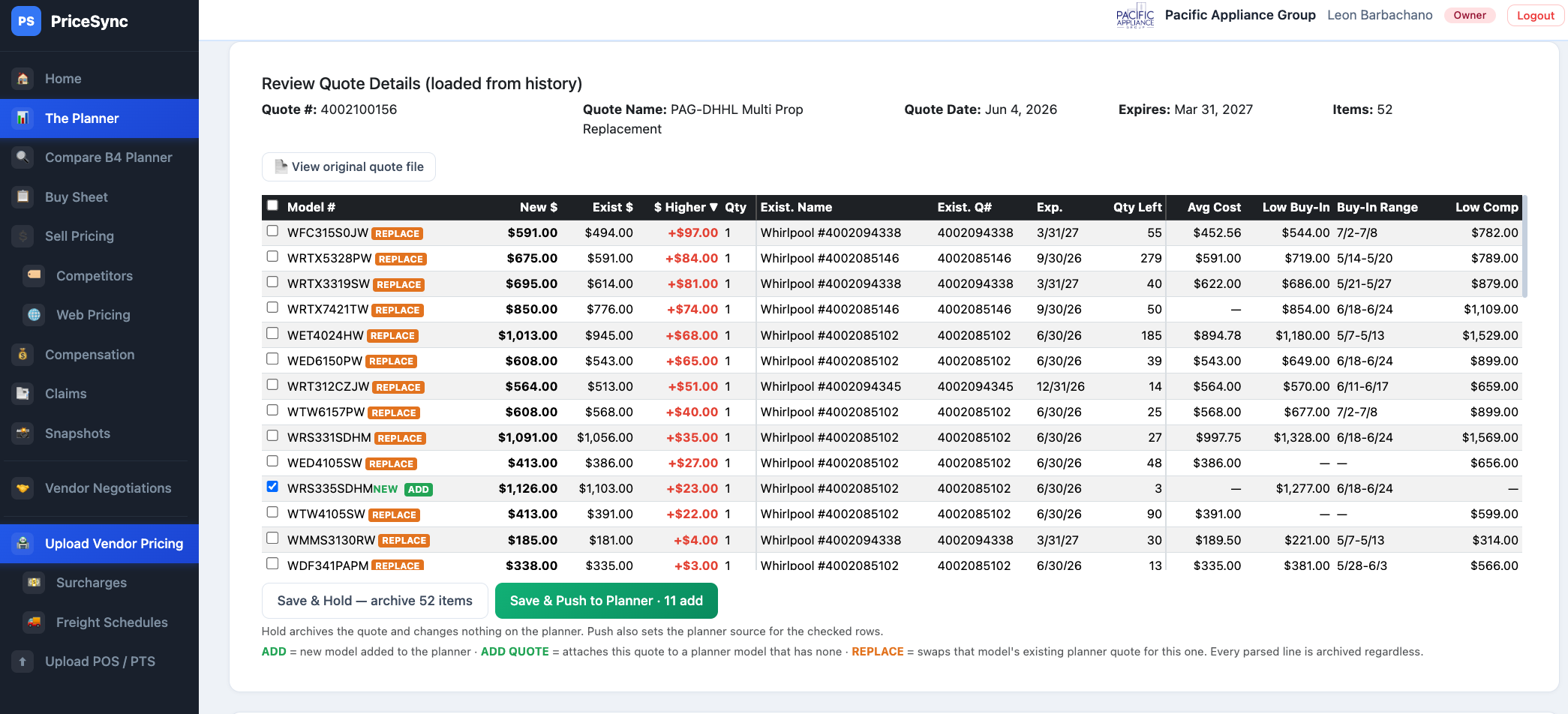 The Review Quote Details table comparing each quoted model against current planner costs, with Save and Hold and Save and Push buttons