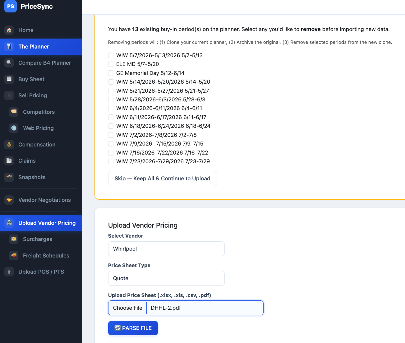 The Upload Vendor Pricing form with Price Sheet Type set to Quote and a quote PDF chosen