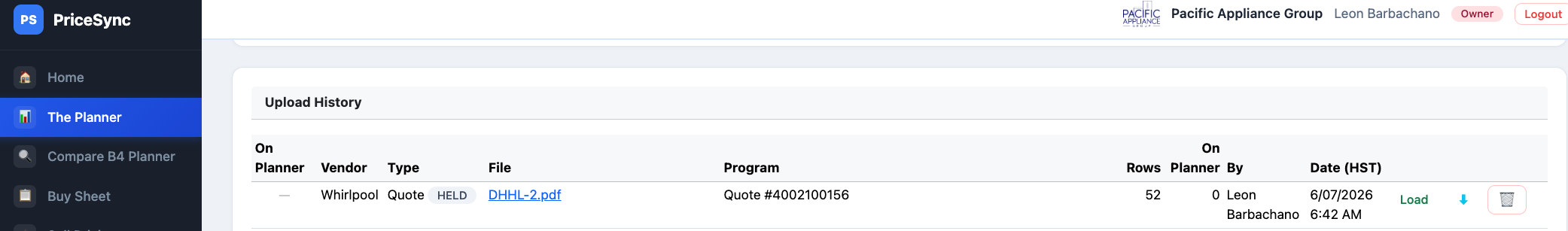 Upload History listing the saved quote with a HELD badge, an On Planner count of zero, and a Load link to reopen it
