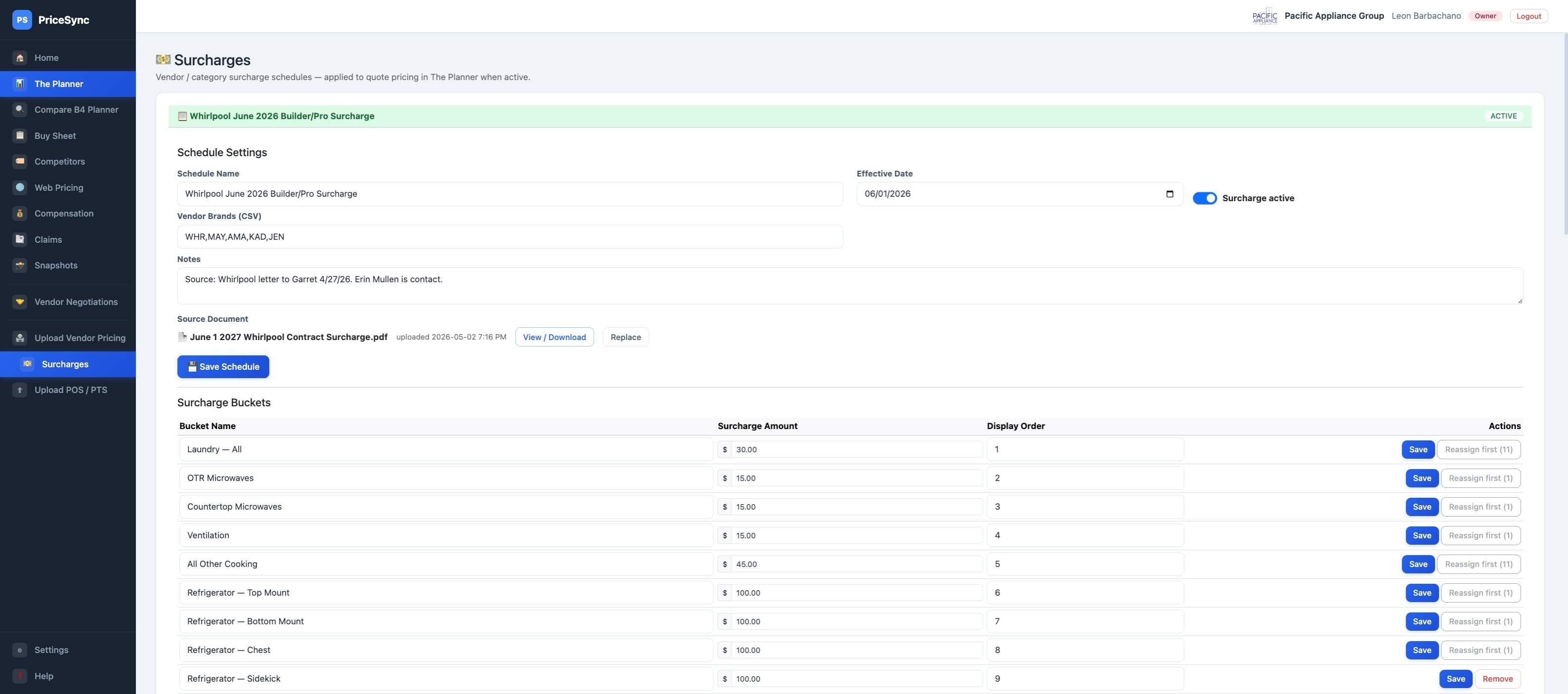 The Surcharges admin page showing an active schedule with bucket amounts