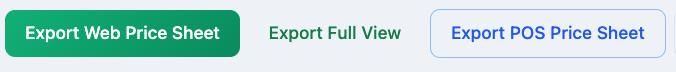 The three export buttons in the page header: Export Web Price Sheet, Export Full View, and Export POS Price Sheet.