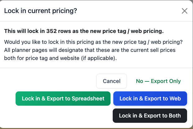 The lock-in confirmation modal stating how many rows will be restamped and whether it is the full Web Price Sheet or the filtered Full View.