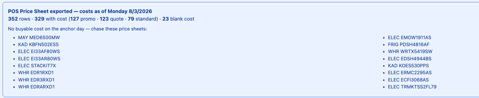 the blue summary panel showing row counts and the blank-cost model list